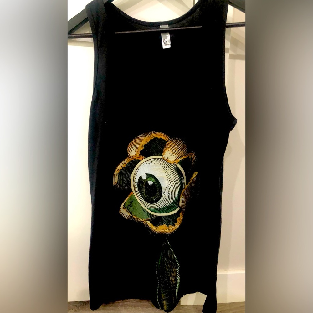 Black Jäegermeister woman’s tank top with eyeball on front.